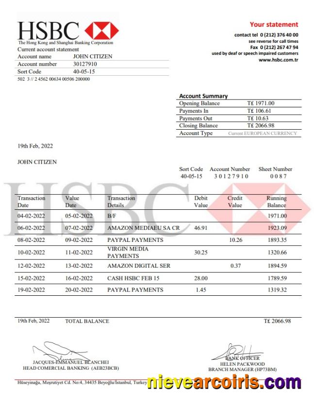 Turkey HSBC bank statement
